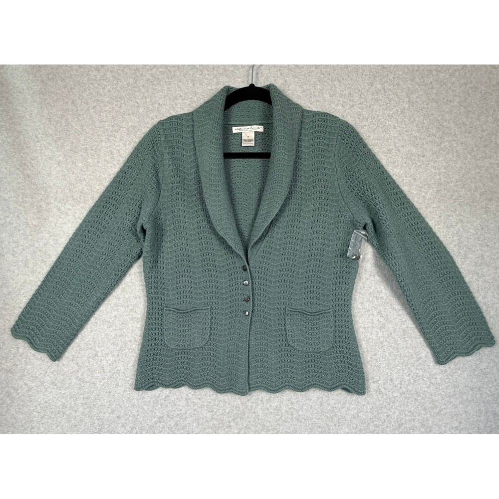 Marina Luna Women Green 100% Cashmere Shawl Collar Pointelle Cardigan Sweater M